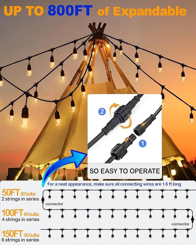 25FT Outdoor String Lights for Patio, Balcony & Porch – 16 LED Edison Bulbs (1.6FT Spacing), Dimmable Heavy-Duty Patio Lights for Backyard, Gazebo, Bistro, Camping, Party and Garden Decor