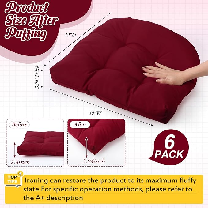 Thyle Outdoor Chair Cushions Set of 6 Waterproof Sun Protection Square Tufted Overstuffed Patio Furniture Seat Cushion for Patio Furniture Dining Indoor 19" x 19"(Wine Red)