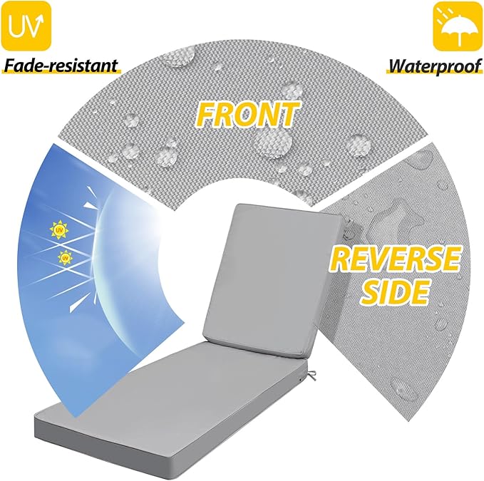 AAAAAcessories Outdoor Chaise Lounge Cushions, Fade-Resistant, Waterproof Patio Furniture Replacement Cushions, 78" x 20" x 3", Set of 2, Gray