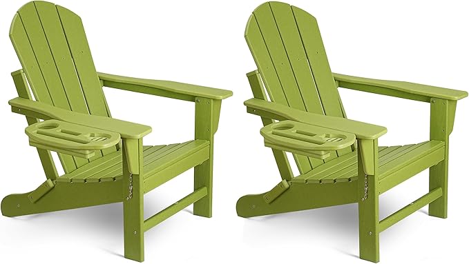 Adirondack Chair Set of 2, HDPE Folding Adirondack Chair with Multifunctional Cup Holder, Weather Resistant Fire Pit Chair for porches, patios, patios, poolsides, Decks.