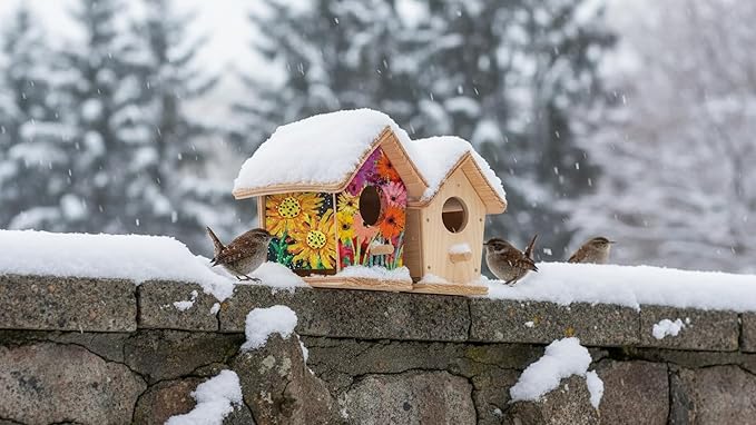 2pc DIY Birdhouse Kit, Cedar Wood Bird House Kits Bulk for Adults, Art Craft Outdoor Birdhouse, Solid Wood Weather Proof Material Painting Kit, Chain for Tree Hanging