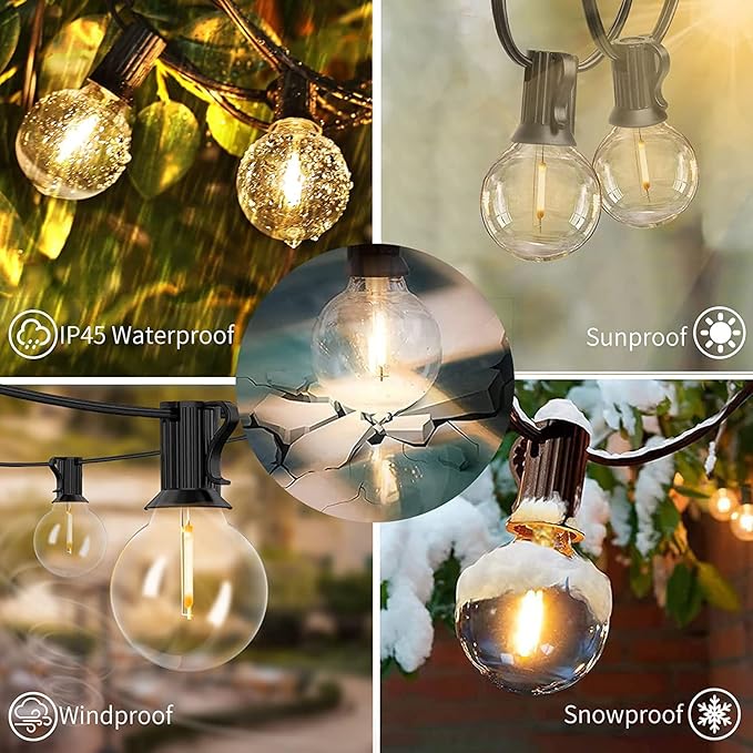 Svater Outdoor String Lights LED 60 FT, Patio Globe Lights with 32 Plastic G40 Bulbs, Waterproof Dimmable Outside Hanging Light for Backyard Bistro Cafe Porch Party Decor, 2700K Warm White