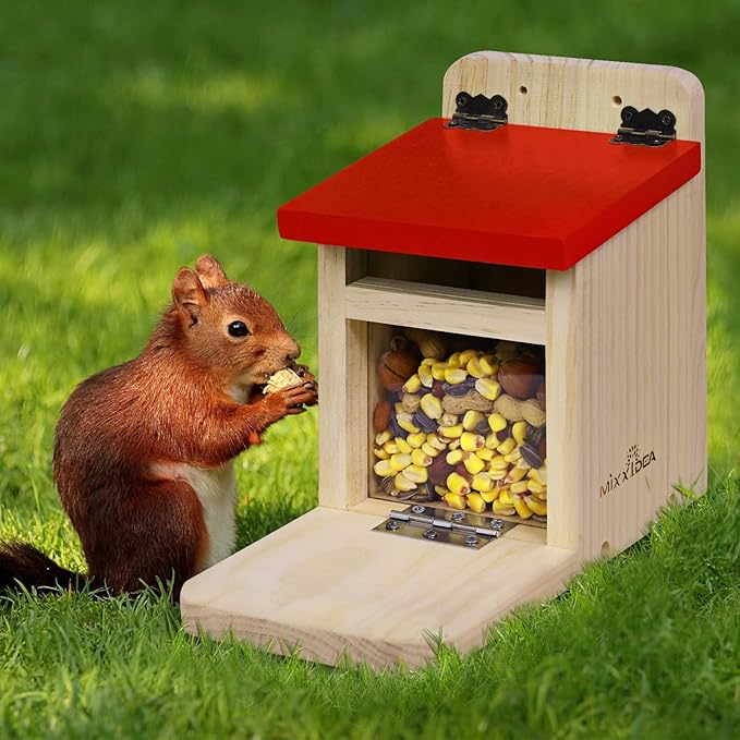 MIXXIDEA Squirrel Feeders for Outside Garden, Wooden Squirrel Feeder Box,Squirrel Feeding Stations with Green Cover, Easy to FillSquirrel Feeding House(Red-1pk)