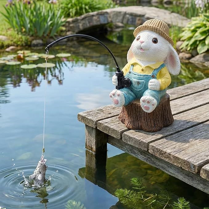 Garden Rabbit Pond Statues Decoration, Fishing Bunny Garden Statue Outdoor Koi Pond or Waterfall Decor, 7.1" Rabbit Fishing Poolside Statue, Animals Patio, Lawn Sculpture, Great Gifts for Mom & Women