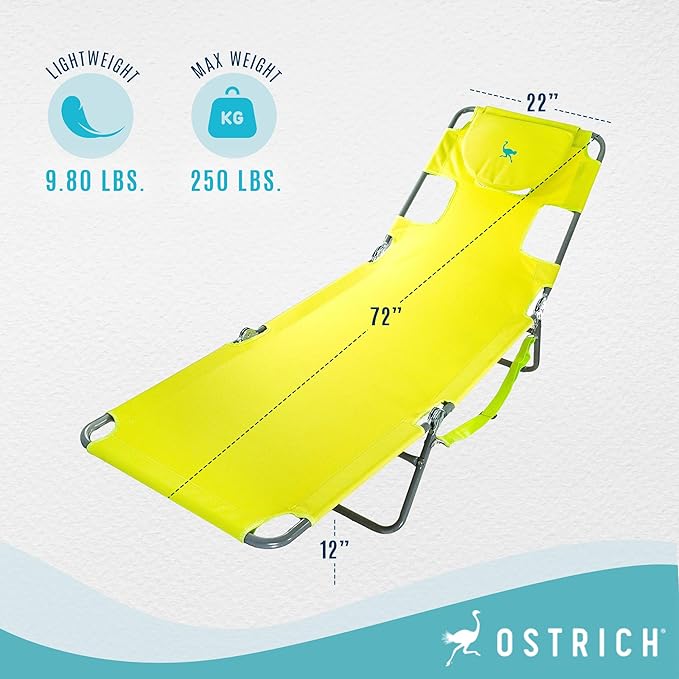 Ostrich Beach Lounge Chair, Folding & Reclining Outdoor Chaise Lounger, Green