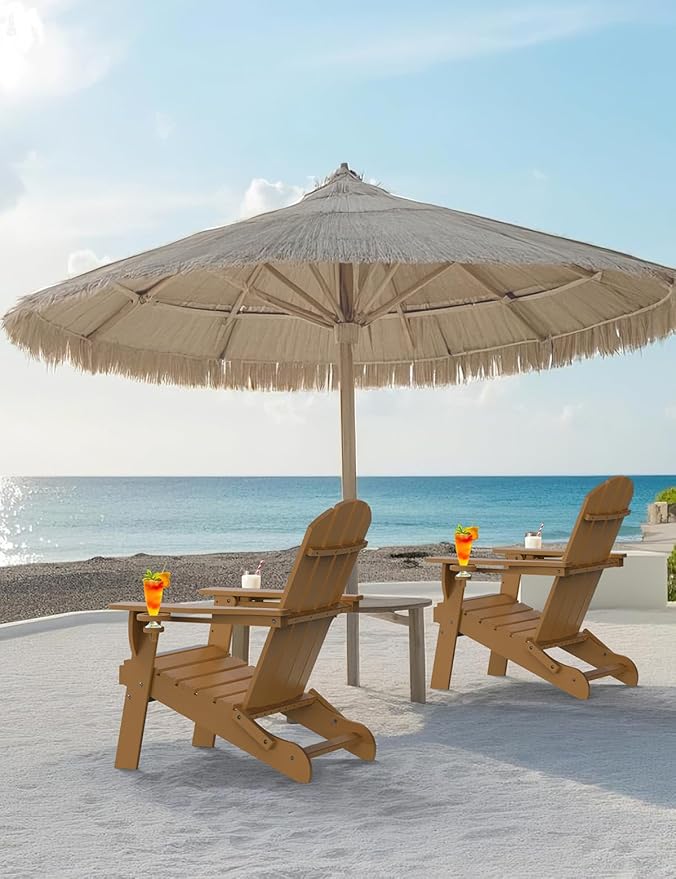 Folding Adirondack Chair, Wooden Textured Plastic Adirondack Chairs with 2 Cup Holder, Weather Resistant HDPE Fire Pit Chair, Outdoor Patio Chairs for Garden, Backyard, Lawn, Deck, 380LBS, Teak