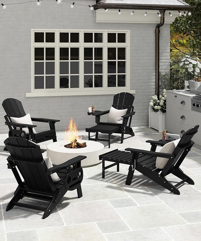 Adjustable Adirondack Chair with Retractable Ottoman Set of 8, HDPE Folding Adirondack Chair with Cup Holder, All Weather Fire Pit Chair for Outdoor.