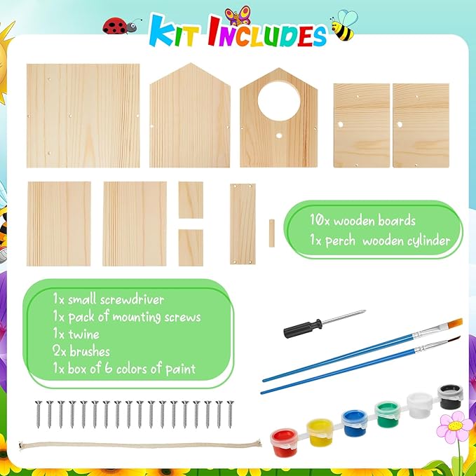 Liliful 12 Pack Wooden Birdhouse Kit DIY Bird House with Paint and Paintbrushes Art and Crafts Painting Kits for Boys Girls Adults Build Paint Classroom Birthday Indoor Outdoor Craft