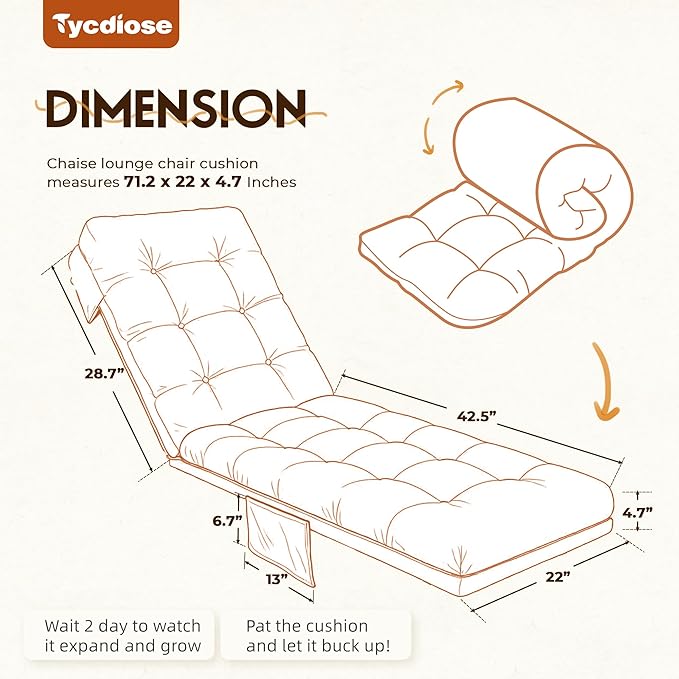 Outdoor Lounge Chair Cushion, Waterproof Replacement Chaise Lounge Cushions for Outdoor Furniture Thickened 71 x 22 x 4.7 Inches Non-Slip Patio Pool Lounge Chair Cushions with Ties (Orange)