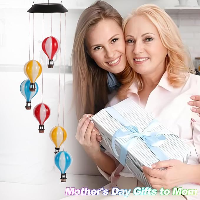Solar Wind Chimes for Outside, Color Changing Hot Air Balloon Wind Chimes Solar Lights for Outside Garden Outdoor Patio Décor, Gifts for Mom Birthday Gifts for Women Grandma Wife Friend