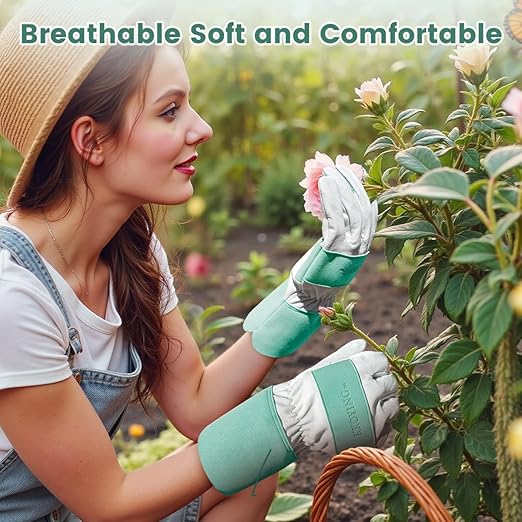 Gardening Gloves, Long Thorn Proof Garden Gloves for Women and Men, Goatskin Breathable Leather Work Gloves for Gardening, Pruning, Yard Work, Turquoise, M