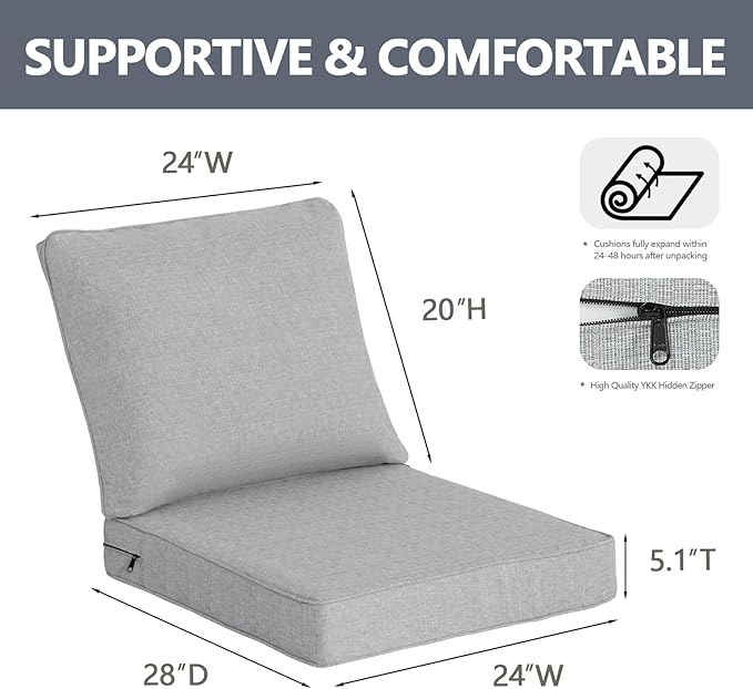 Goodgoods 24 x 28 Outdoor Patio Deep Seat Cushions 2-Pack, 1000+ Hours Fade-Resistant & Water-Resistant Outdoor Furniture Chair Cushions with 30D High-Resilience Foam for Sofa Chair, Stone Gray