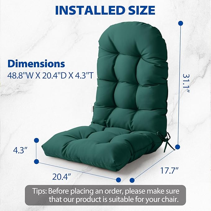 Adirondack Chair Cushion,High Back Patio Cushions with Adjustable Ties, 48.8 x 20.4 x 4.3,Waterproof Tufted Pillow,Fade Resistant Seat Rocking Chair Cushion for Indoor/Outdoor,Hunter Green,1