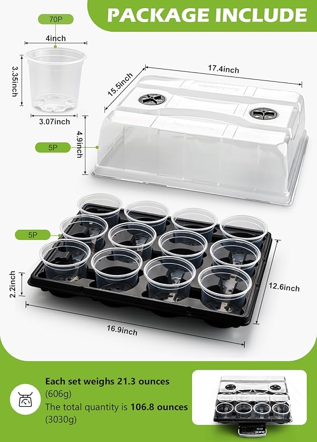 5 Pack 12 Cell Nursery Pot Trays with Adjustable Humidity Domes & 4 Inch Clear Pots 60 Pack, Sturdy Seed Starting Kit for Greenhouse Garden, Reusable Plant Growing Germination 5 Sets