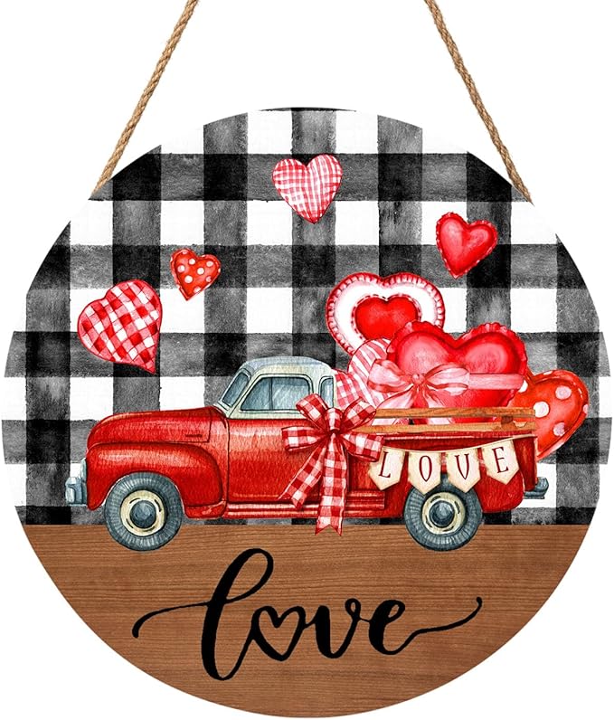 Valentines Day Love Truck Door Sign For Front Door Decor,Black and White Buffalo Plaid Red Heart Wooden Sign 12"x 12" Round Wood Hanging Door Sign Decoration for Wall Rustic Farmhouse Porch Decor