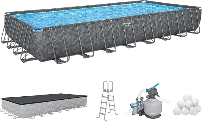 Bestway APX 365 31’4" x 16' x 52” Above Ground Pool, Rectangular Metal Frame Outdoor Swimming Pool Set with Sand Filter Pump, Ladder, and Cover, Dark Marble