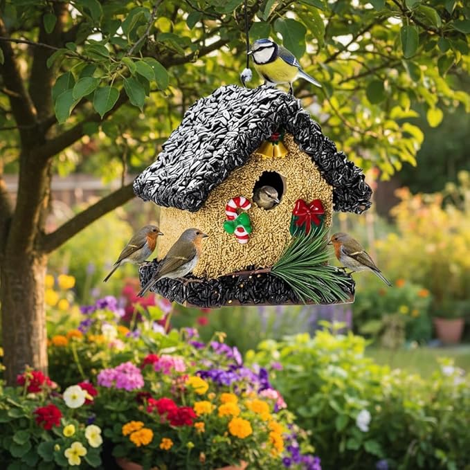 2026 Seeded Birdhouse, Wood Bird House Covered with Wild Birdfood, Water Proof Birdseeds Feeder for Outside Hanging, Birdseeded Bird House for Outdoor