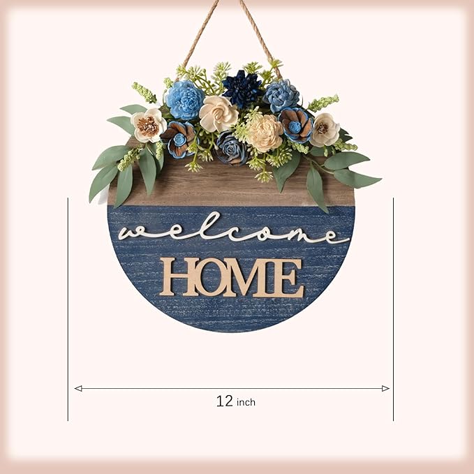 Spring/Summer Welcome Sign for Front Door 16 Inch Round Wood Sign with Rice-Paper Plant Flowers Hanging for Farmhouse Porch Door Decoration (Blue)