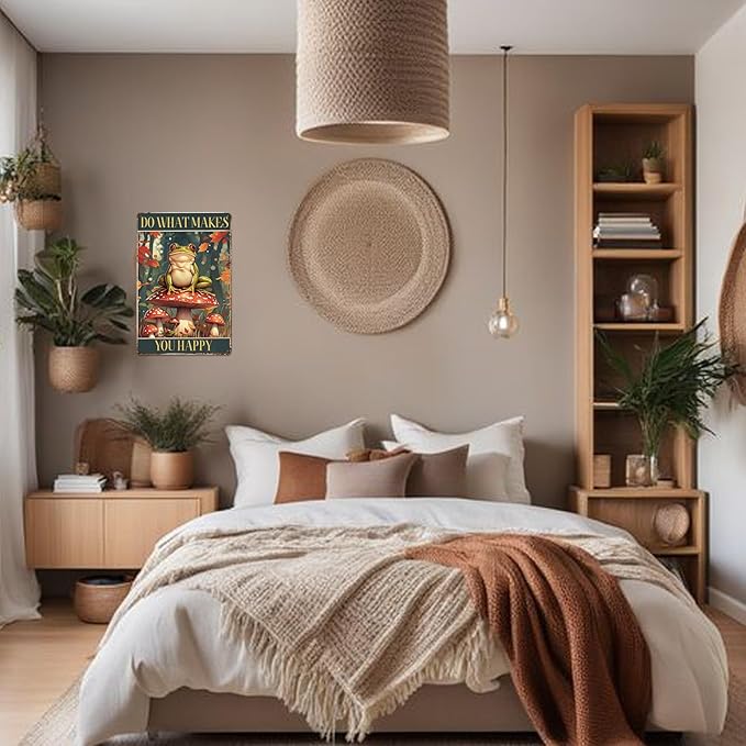 Vintage Metal Tin Signs Mushroom Decorations Whimsical Wall Decor Funny Frog Mushroom Gift Do What Makes You Happy Sign Hanging Cottagecore Mushroom Wall Decorations Frog Mushroom Tin Sign Vintage 8x12 Inch