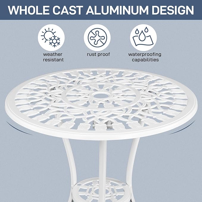 VINGLI 3 PCS Outdoor Bistro Set, Outdoor Patio Set, All-Weather Cast Aluminum Bistro Table Set, Bistro Table and Chairs Set of 2 for Backyard, Garden, Balcony (White, Tulip)