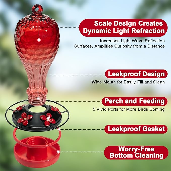 20 OZ Glass Hummingbird Feeders for Outdoors Hanging - Hand-Blown Vibrant Red Reflective Fish-Scale Design - Attracts More Hummingbirds - Leak-Proof Silicone Seal & Ant Moat - Gift for Mom