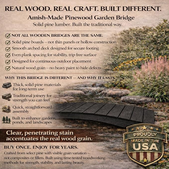 6 FT Black Amish Made Pinewood Heavy Duty Garden Bridge for Walkway, Backyard Pond & Landscaping, Outdoor Wooden Footbridge for Koi Pond, Japanese Style Decorative Bridge, Made in USA
