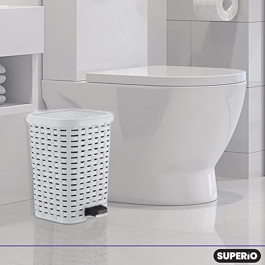 Superio Small Outdoor Trash Can with Lid for Dog Poop 1.5 Gallon/6 L Mini Plastic Garbage Can with Foot Pedal for Bathroom, Bedroom, Office, Patio, Wicker Smoke