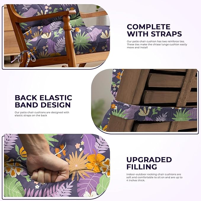 2 Pack Adirondack Chair Cushion Waterproof Indoor Outdoor Rocking Chair Cushion 44 Inches Patio High Back Chair Cushions Thickened Adirondack Rocking Chair Cushions with Ties, Purple Flower Leaves