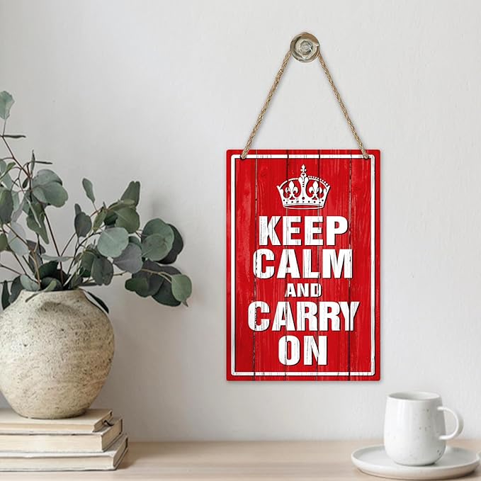 Inspirational Keep Calm and Carry on Front Door Sign, Motivational Crown Wood Hanger Outdoor Outside Porch Decor, Red Farmhouse Wooden Wreath Indoor Wall Hanging Home Office Bar Decoration