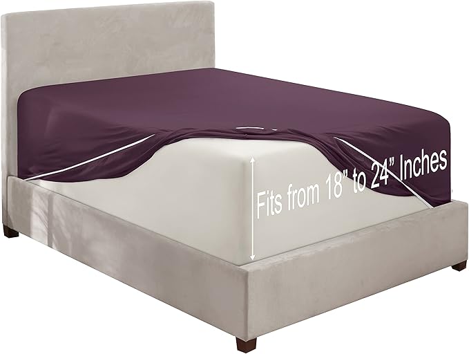 Clara Clark Fitted Sheet, Extra Deep Pocket Fits Deep Mattress, Luxury Soft Fitted Sheet Only, Full - Extra Deep Purple Eggplant
