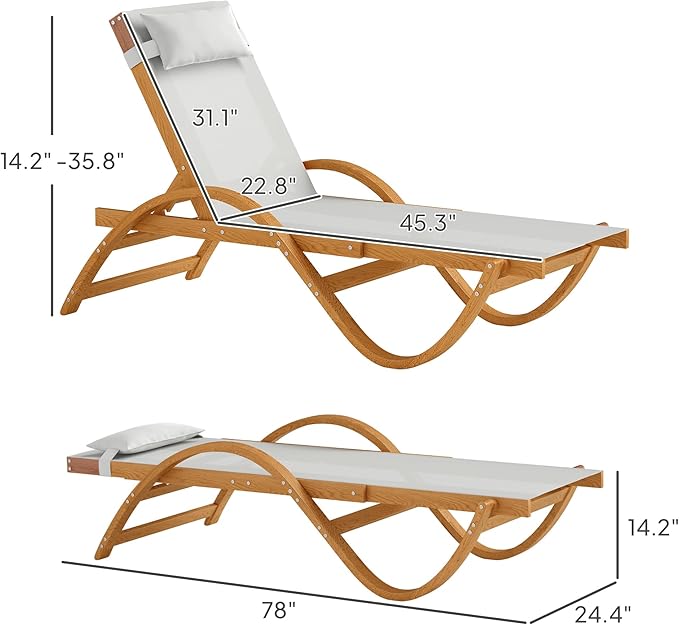 Outsunny Larch Wood Lounge Chair, 4-Level Adjustable Tanning Chair, Full Flat Patio Lounger with Mesh Seat, Outdoor Sun Chaise for Patio Beach, Cream White