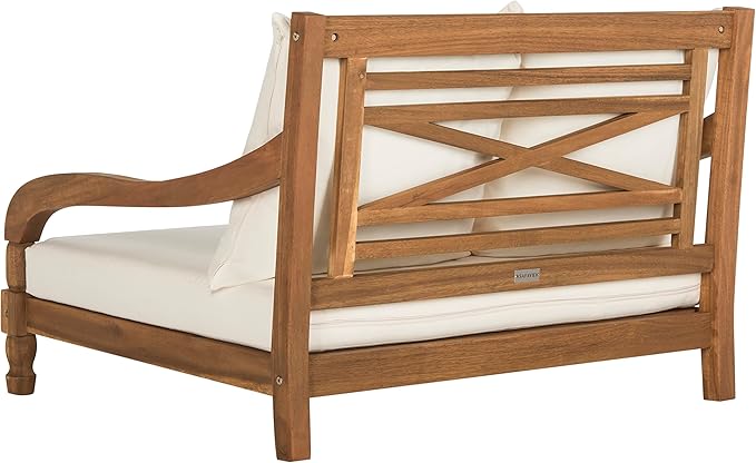SAFAVIEH Outdoor Collection Pomona Natural Solid Wood/Beige Lounger Bench Sofa Loveseat (PAT6740A)