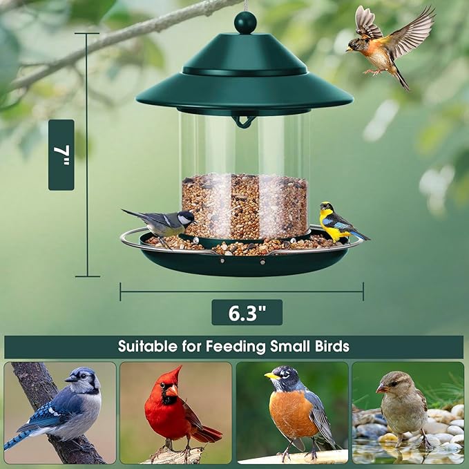 Metal Roof Bird Feeder, Hanging Bird Feeders for Outdoors with 2LB Clear Tube Seed Capacity for Viewing Cardinal Finch, 360° Feeding Small Wild BirdFeeders for Outside Garden Yard Decoration