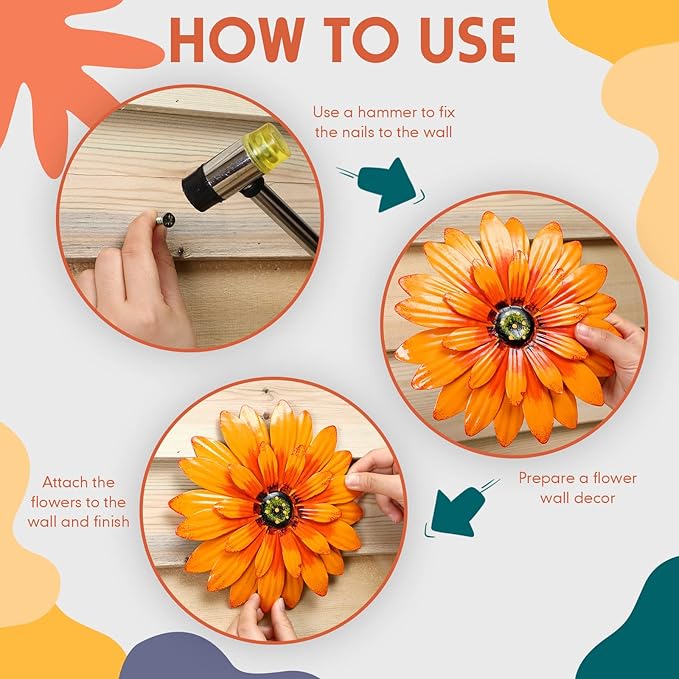 Zhehao 6 Pcs Metal Flower Wall Art Decor 8 Inch Sunflower Wall Decorations Hanging Outdoor Art Multicolored Handmade Metal Flowers Outdoor Decor(Elegant Color)