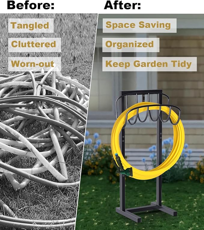 Freestanding Garden Hose Holder with 4 Spikes, Heavy Duty Metal Reel Stand Hanger Rack Organizer, Holds Storage 150ft Hose for Outside Yard Lawn, Black