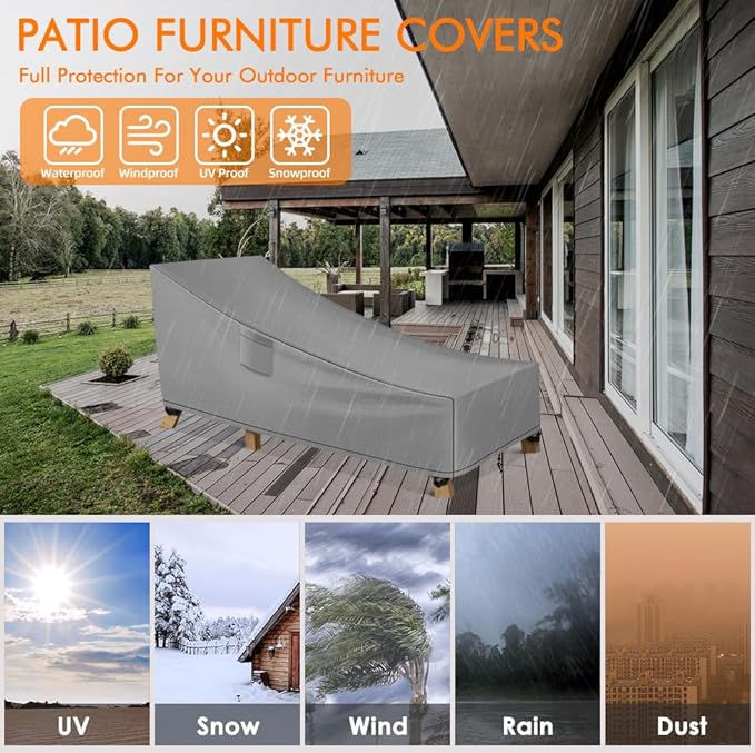WLEAFJ Patio Chaise Lounge Cover Waterproof, Heavy Duty Outdoor Lounge Chair Covers, Durable Patio Furniture Covers, 78L x 34W x 32H inch，Grey