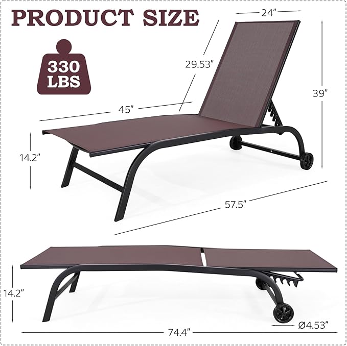 EROMMY Patio Chaise Lounge Chair Set of 2 with Wheels, Oversized 26" W Outdoor Lounge Chairs with Adjustable Backrest, Waterproof Poolside Lounge Chairs