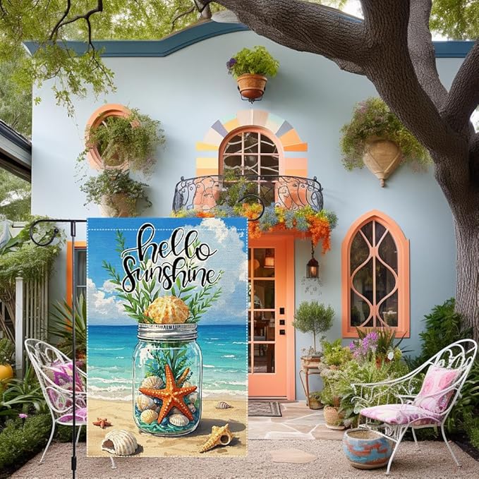 Hello Sunshine Garden Flag Starfish Mason Jar Summer Garden Flags 12x18 inch Vertical Double Sided Sea Shell Coastal Burlap Outdoor Lawn Beach Decorations