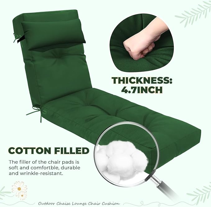 Waterproof Lounge Chair Cushion Outdoor for Chairs, Fade Resistant Chaise Lounger Replacement Cushions with 6 Ties, Thickened Memory Foam Pool Lounge Chair Cushions, 76 x 22 x 4.7 Inches, Green