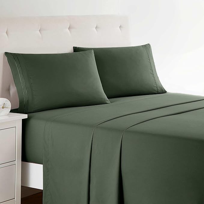 Clara Clark Bed Sheets, Premier 1800 Series Bed Sheet Set, Deep Pocket, Wrinkle, Fade, Stain Resistant, Luxury Soft Bedding Sheets & Pillowcases, Queen, Olive Green