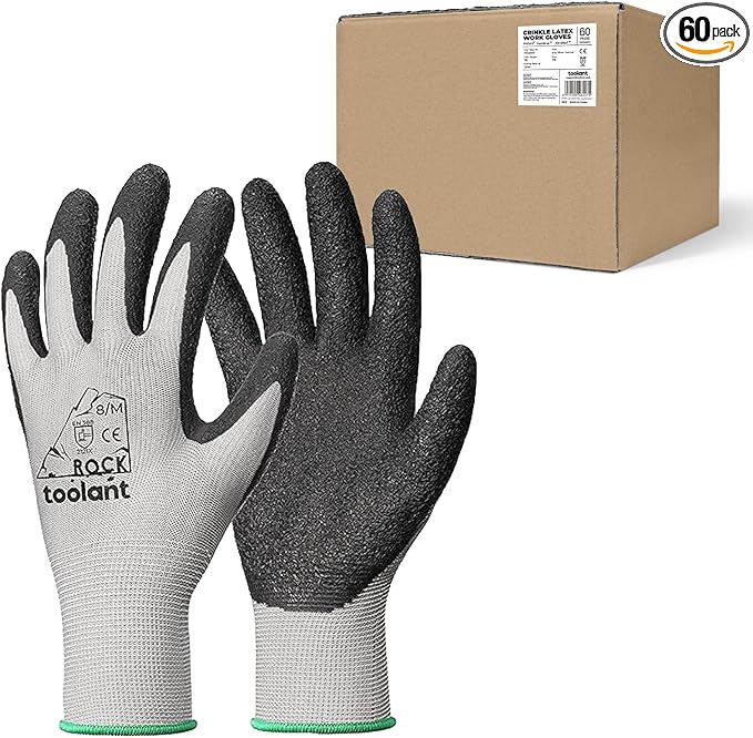 toolant Crinkle Latex Work Gloves Bulk, Rubber Coated Safety Work Gloves for Men and Women, 60 Pairs for Construction, Gardening, Warehouse (Gray, Medium)