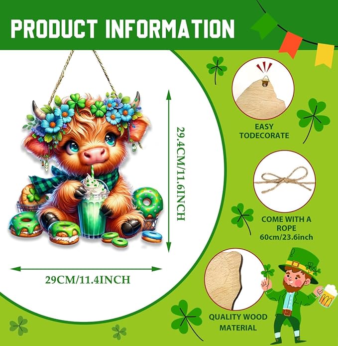 St Patricks Day Door Decorations, St Patricks Day Highland Cow Decorations, Shamrock Decoration, Wood Hanging Sign for Office Party Porch Yard Outdoor Indoor Home Decor Irish Decor