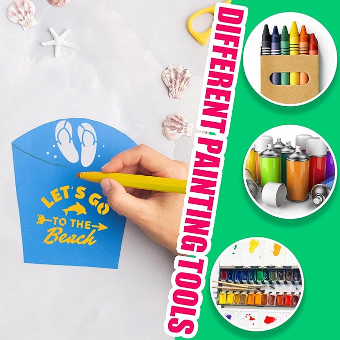 80 Pieces 3 x 3 Inch Summer Hawaii Themed Reusable Plastic Art Craft Kits for DIY Painting Art Projects Wood Wall Floor Fabric Furniture Tile Holiday Stencils Decorations Beach Stencils Craft Kits