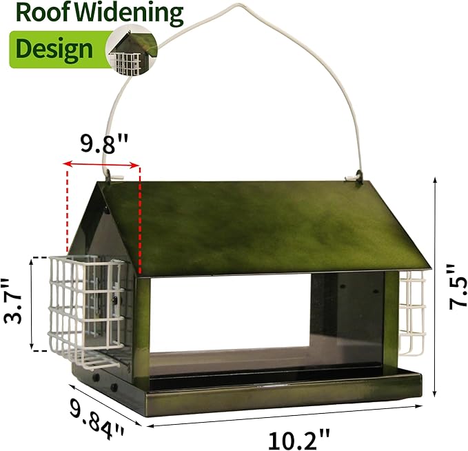 Solution4Patio Bird Feeders for Outdoors Hanging, All Metal, Double Suet Cake and Large Capacity, Hopper Tray & Weatherproof for Finch, Cardinal & Chickadee (Green)