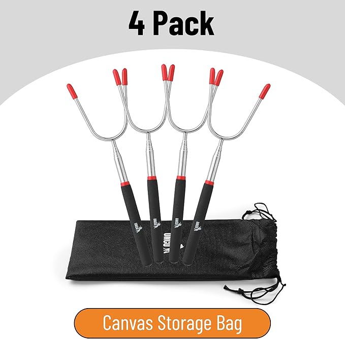 UNCO- Marshmallow Roasting Sticks, 4 pcs, 34", Extendable Stainless Steel Smores Sticks with Insulated Handles, Marshmallow Sticks for Fire Pit, Skewers for Smores, Hot Dog Sticks for Campfire