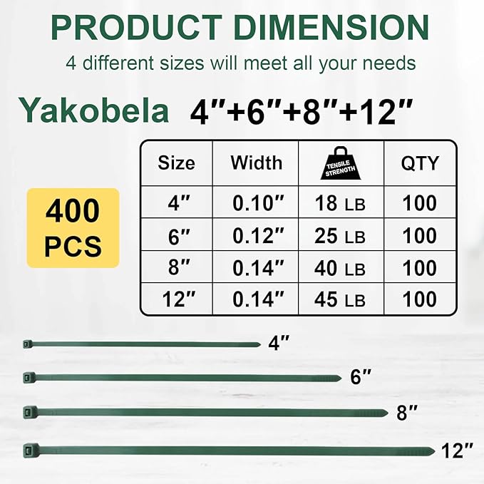 Green Zip Ties Assorted Sizes (4"+6"+8"+12"), 400 Pack, Cable Ties UV Resistant for Garden, Plants, Fence, Holiday Lights, Yakobela