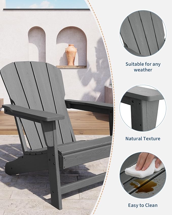Modern HDPE Plastic Adirondack Chair - Oversize 380 LB Poly Lumber Weather Resistant Firepit Chair - Outdoor Patio Chairs with Wooden Textured for Garden, Backyard, Lawn, Deck, Pool, Porch - Grey