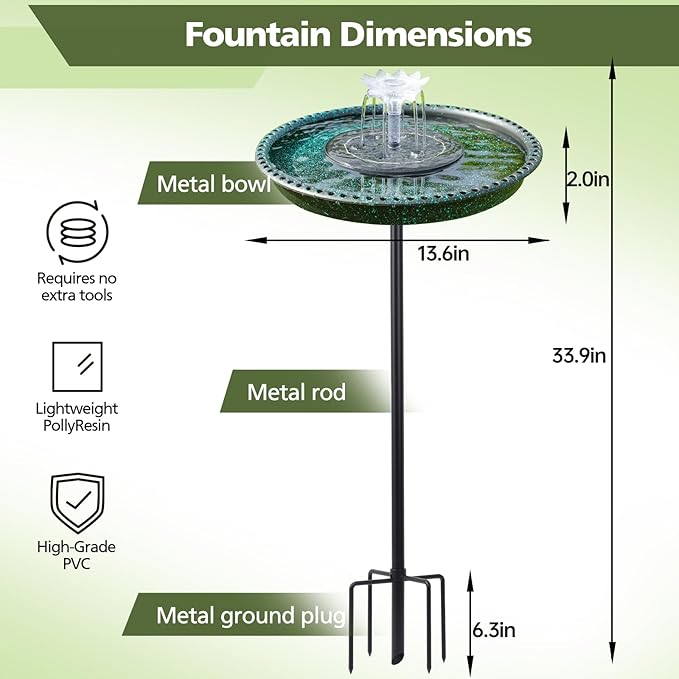 Bird Bath with Solar Powered Fountains for Hummingbirds,Stable Stylish Design with 5-Prong Base Stake Plastic Bird Bath for Outside Patio Yard Garden(Gift)