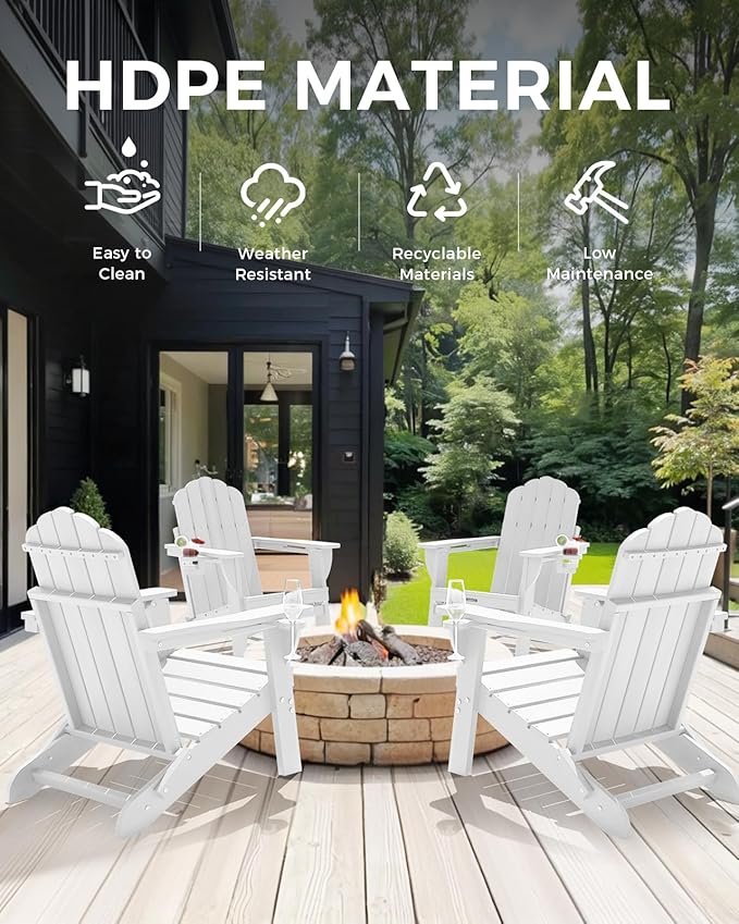 Adirondack Chairs Set of 4, HDPE Material Fire Pit Chairs, Plastic Adirondack Chairs with 2 Cup Holder, Outdoor Lawn Chair for Patio Garden, White