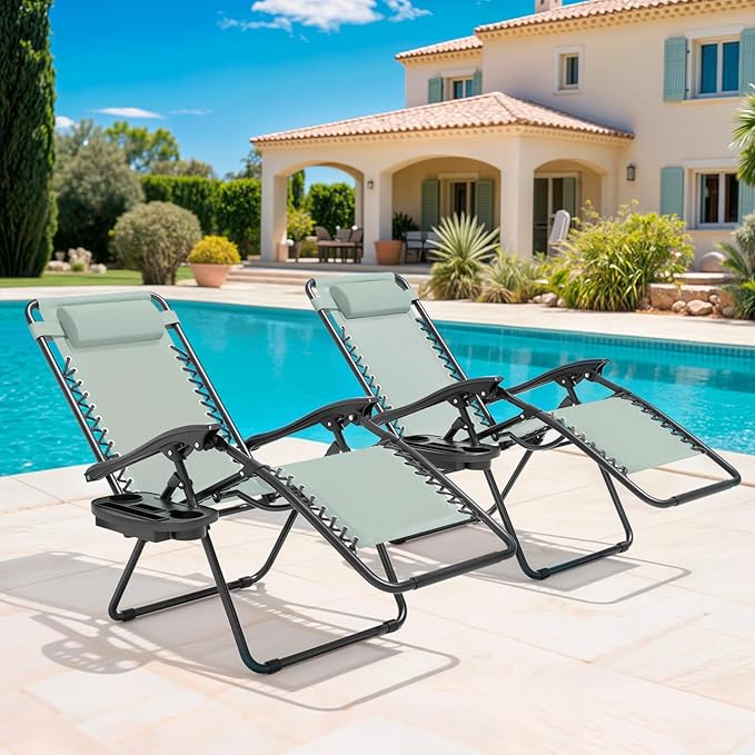 Magshion Zero Gravity Lounge Chairs Set of 2, Outdoor Patio Reclining Chair with Side Tray, Adjustable Anti-Gravity Recliners with Pillow Headrest, Folding Lounger for Lawn Camping Beach, Sage Green